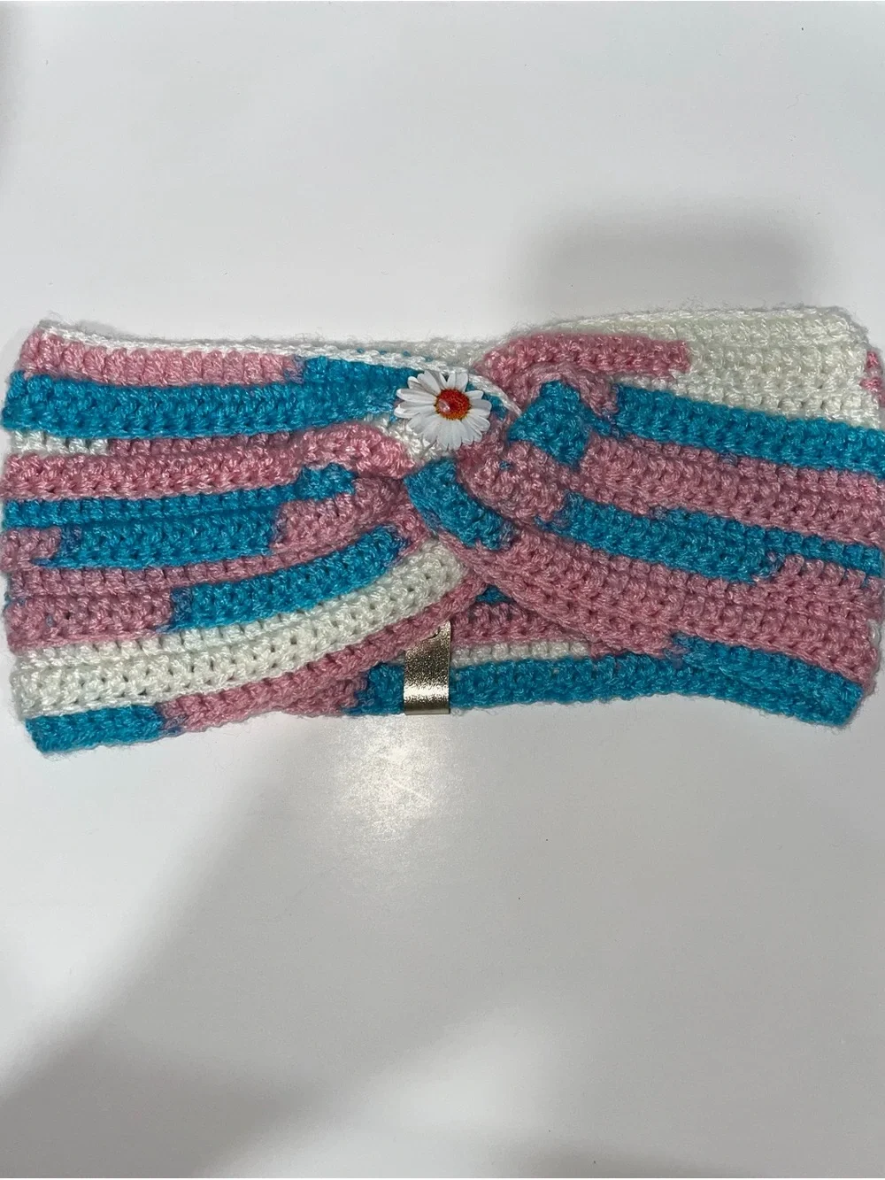 Hand Crafted Pink, Blue & White Crochet Daisy Twist Headband